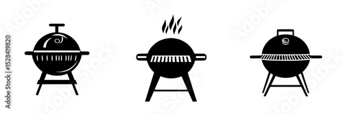 Icon set of various barbecue grill designs showcasing different styles and features for outdoor cooking enthusiasts