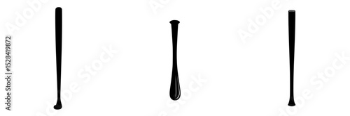 Stylized icon set featuring three variations of a baseball bat silhouette in black color