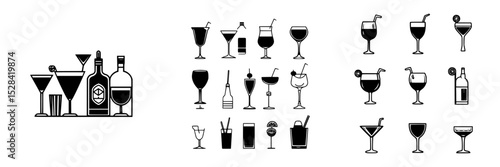 Variety of cocktail icons featuring different drink types and styles with bottles arranged together