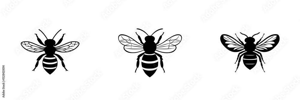 Icon set featuring three distinct bee designs showcasing their unique shapes and wing patterns Icon set featuring three distinct bee designs showcasing their unique shapes and wing patterns