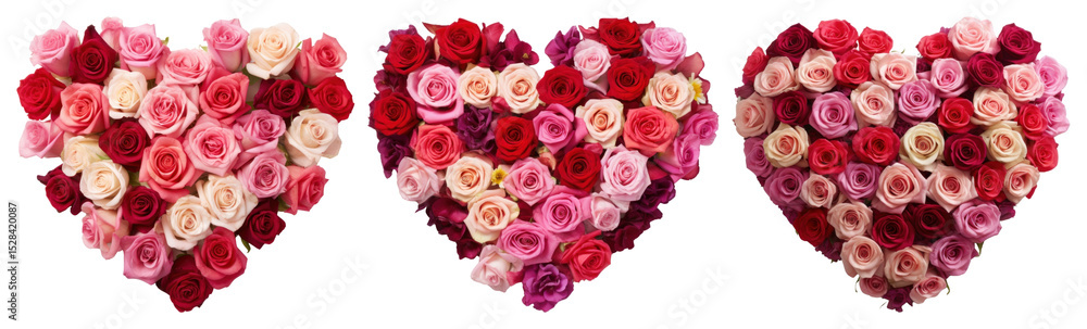 PNG Three heart-shaped rose arrangements in various colors element set on transparent background. PNG Three heart-shaped rose arrangements in various colors element set on transparent background.