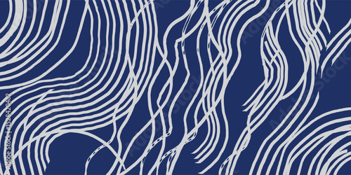 Hand drawn brush lines scattered and disorganized water waves and ripples pattern in white and blue, Japanese and tribal wood carving, experimental weaving texture background for textile