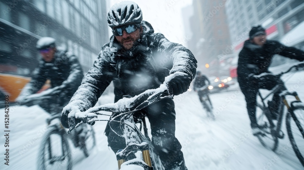 Naklejka premium A group of determined cyclists riding through a snow-covered urban landscape, showcasing resilience and the beauty of winter in motion amidst a bustling city environment.