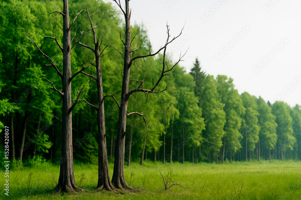 Fototapeta premium Dry trees against the background of a green dense forest.