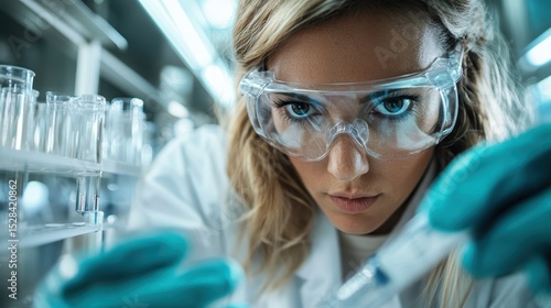 The determined scientist, wearing protective gear, is intently analyzing a laboratory sample with precision, representing the dedication and rigor of scientific research.