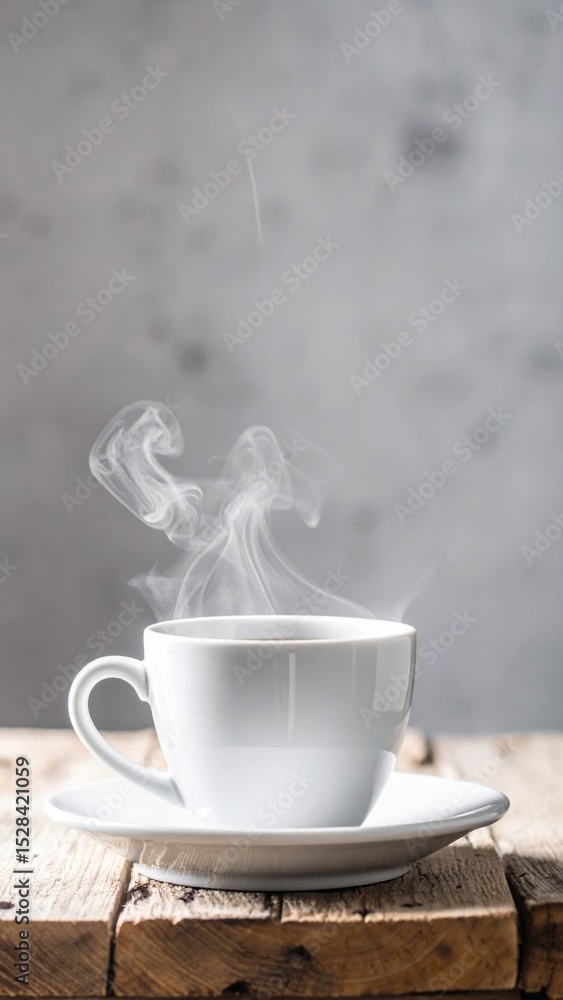 Obraz premium White Coffee Cup with Steam on Rustic Wooden Table