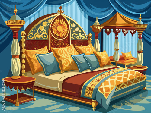 vector of A few cushions on the traditional design bed...