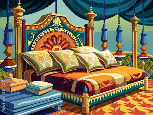 vector of A few cushions on the traditional design bed...