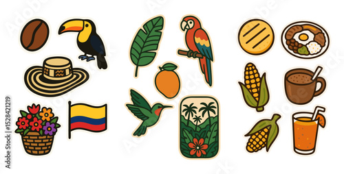 Colombia Travel Icons – Vector Stickers of Colombian Culture, Coffee, Nature and Tropical Life – Transparent Background
