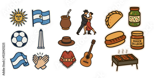 Argentina Travel Icons – Vector Stickers of Argentinian Culture, Food, Tango and Soccer – Transparent Background
