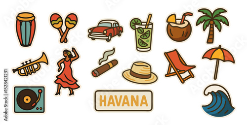 Cuba Travel Icons – Vector Stickers of Cuban Culture, Music, Cocktails and Havana Life – Transparent Background
