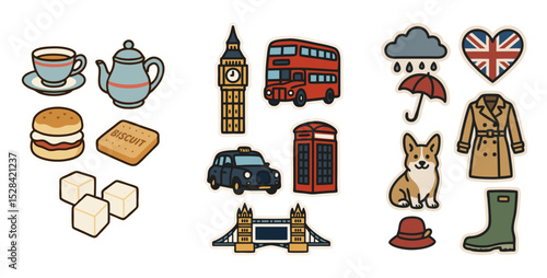 UK Travel Icons – Vector Stickers of London Landmarks, British Culture and Tea Time – Transparent Background
