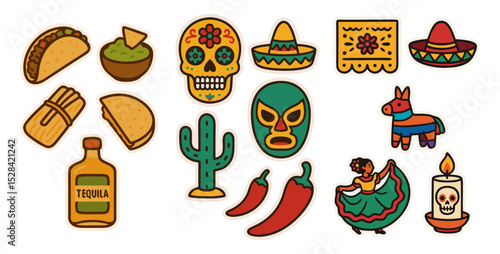 Mexico Travel Icons – Vector Stickers of Mexican Food, Culture and Day of the Dead – Transparent Background
