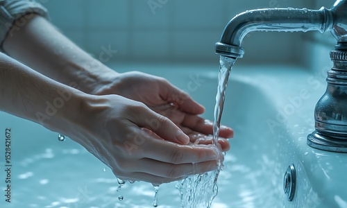 Washing Hands Under Running Water in Bathroom Sink with Blue Tone