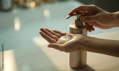 Hands Dispensing Pearlescent Lotion From Modern Bronze Pump Bottle