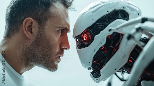 An intense confrontation unfolds as a man locks eyes with an advanced robot, demonstrating the blend of humanity and technology in a thought-provoking moment of curiosity.