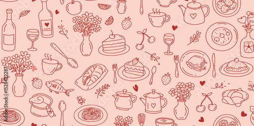 banner, whimsical, food, drink, background, seamless, pattern, coquette, line art, hand-drawn, doodle, french, italian, cocktail, drawing, vector, art, bow, brunch, candle, celebration, chalk, contemp