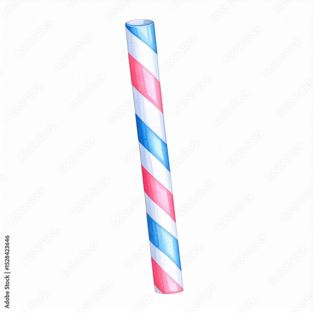 Watercolor Illustration of a Red and Blue Striped Paper Straw Watercolor Illustration of a Red and Blue Striped Paper Straw