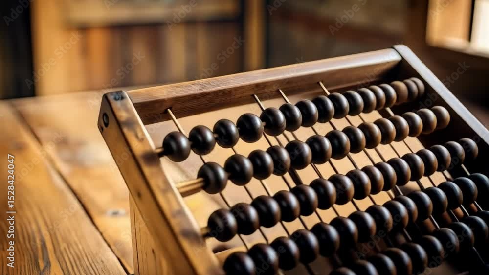 Close up of wooden abacus with brown beads sitting on a wooden desk near a window; a vintage counting tool for education.