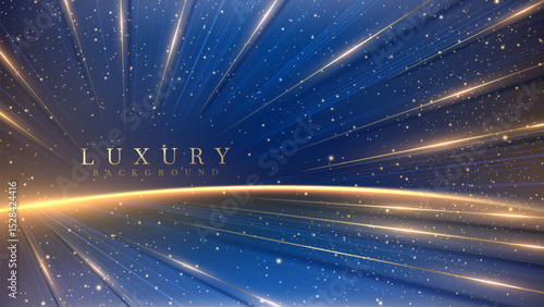 Empty blue stage scene with golden neon lights and bokeh effect, luxury background design concept suitable for award ceremony backdrop design element or product promotion.