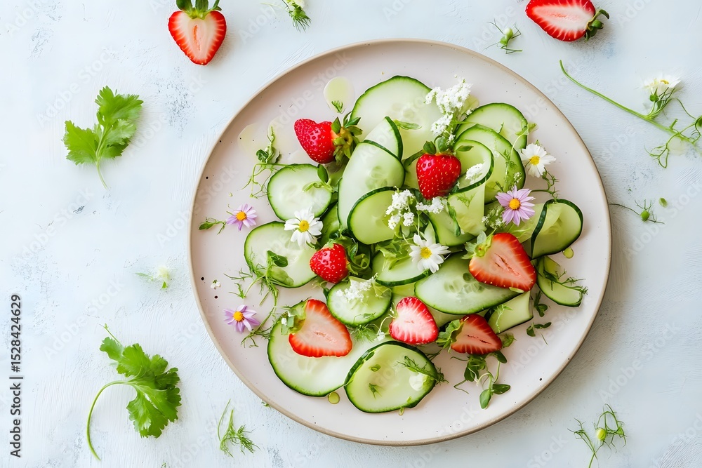 Fresh salad with cucumber spirals, strawberry slices, and a delicate finish of flower petals. Fresh salad with cucumber spirals, strawberry slices, and a delicate finish of flower petals.