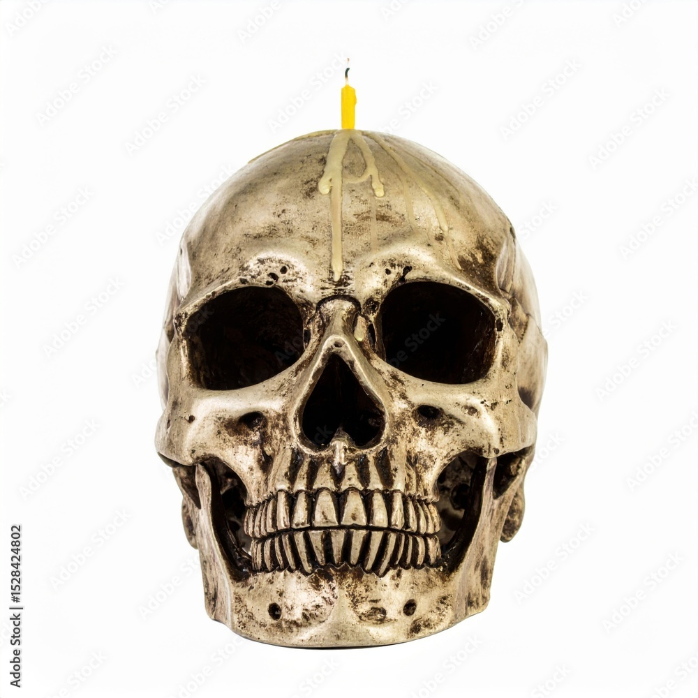 Fototapeta premium Human Skull with Lit Yellow Candle on White Background