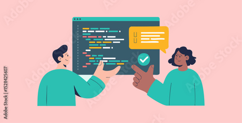 man and woman discussing code on computer screen, vector illustration for code review and peer feedback for quality assurance