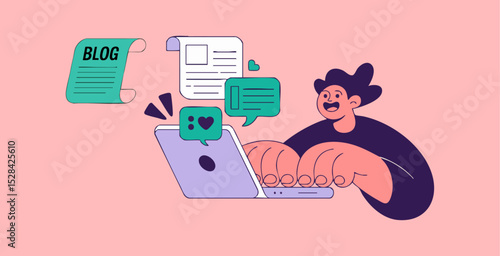 man typing on laptop creating blog content, vector illustration for online content creation and engaging blog posts
