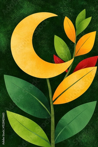 Botanical Illustration of Crescent Moon with Colorful Leaves on Dark Green