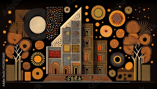 black made from squares circles alphabets poka dots lines flowers and african patterns modern architecture in the background generative ai
