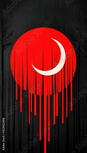 Abstract Red Sun with Dripping Lines and Crescent Moon on Black Wooden Backdrop
