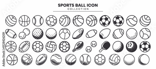 Comprehensive collection of hand-drawn sports ball icons, including basketball, soccer, baseball, football, tennis, and more, ideal for athletic designs, logos, and web elements