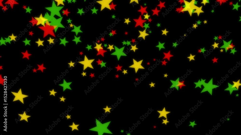 Stars floating down in bold red, yellow, and green colors on black background for Juneteenth, or Freedom Day, to commemorate the ending of slavery on June 19th 1865 in the United States of America. Stars floating down in bold red, yellow, and green colors on black background for Juneteenth, or Freedom Day, to commemorate the ending of slavery on June 19th 1865 in the United States of America.
