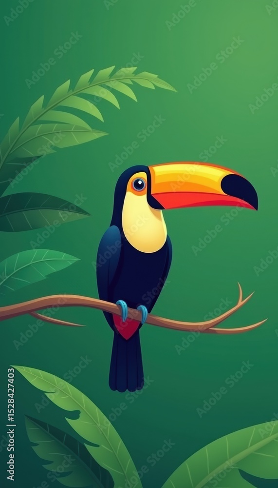 Fototapeta premium Colorful toucan perched on a branch amidst lush green foliage, perfect for tropical-themed designs and nature illustrations.