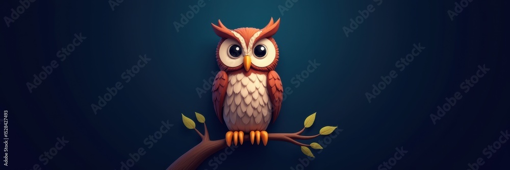 Fototapeta premium A whimsical cartoon owl perched on a branch against a dark blue background, showcasing vibrant colors and playful design, ideal for children's themes and nature-inspired graphics.