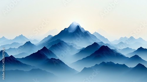 Stunning mountain landscape in shades of blue, showcasing serene peaks and valleys under a gentle gradient sky, perfect for nature lovers.