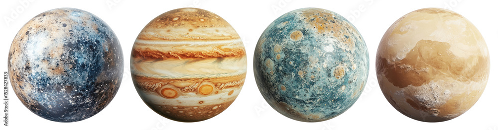 PNG Four colorful, textured planets in a row on a transparent background element set on transparent background. PNG Four colorful, textured planets in a row on a transparent background element set on transparent background.