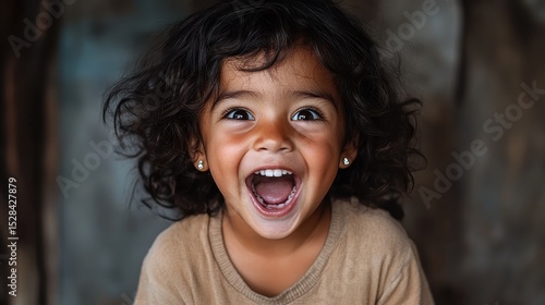 A joyful child with curls and a wide smile captures the essence of happiness, showcasing the beauty of innocence and carefree childhood joy in a natural setting.