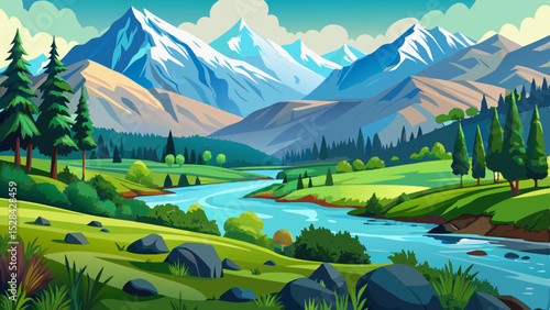 The lush meadows of Pahalgam in Kashmir, with a crystal-clear river flowing through and the majestic Himalayas in the background. Very beautiful 