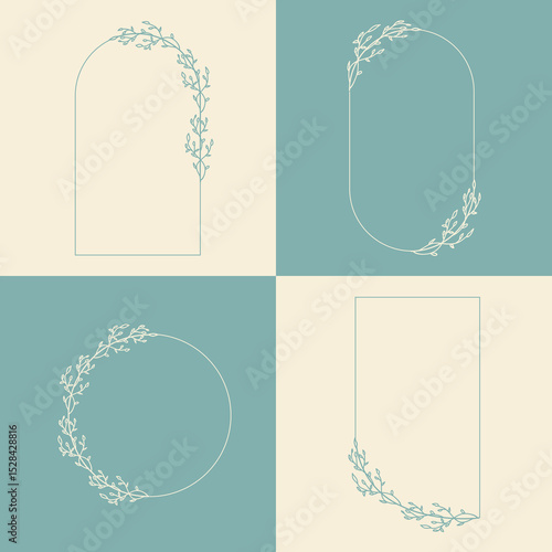 Set of hand drawn vector flower frame, tropical leaves, floral border, wildflower, elegant wreath, branches. Ornament of botanical silhouette element vector. Nature arch in minimal line style