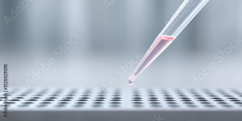 A pipette dispenses a droplet of pink liquid onto a grid-like surface. Scientific experimentation, precision, laboratory