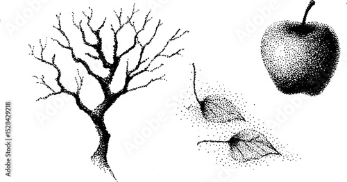 Stippling art of tree with leaves and apple in detailed halftone ink design