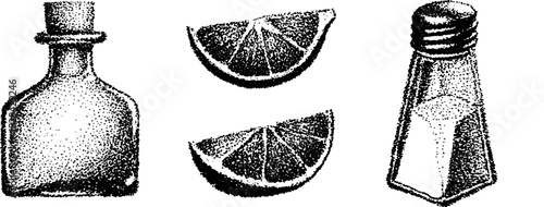 Stippling ink art of citrus slices with salt and bottle in halftone detail for creative design