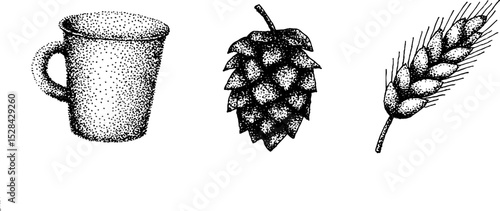Stippling ink halftone illustration of coffee cup, hop cone, and wheat sheaf for culinary art design