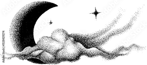 Moon and stars in stippling ink technique - detailed night sky artwork