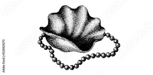 Stippling ink illustration of clamshell with pearls in halftone detail for artistic design