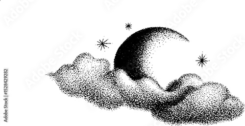 Celestial night sky with crescent moon and stars in stippling ink art