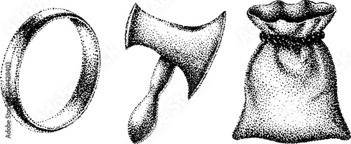 Detailed stippling ink art of viking ring, axe, and sack for design