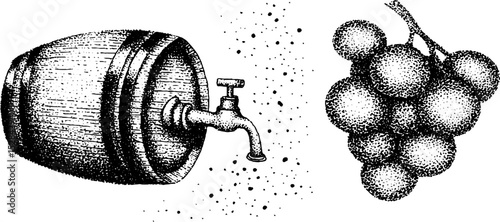 Detailed ink stippling of wine barrel and grapes for viniculture art