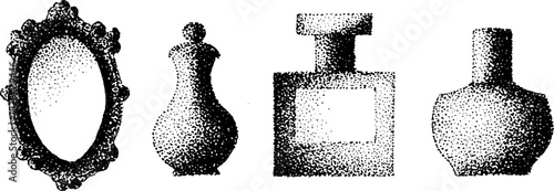 Intricate stippling ink artwork of decorative bottles and frame in halftone style